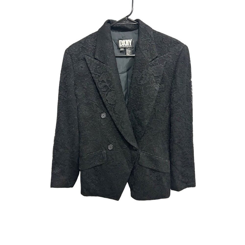 DKNY Black Lace Double-Breasted Blazer Tailored Size 6 Quiet Luxury Gothic Chic